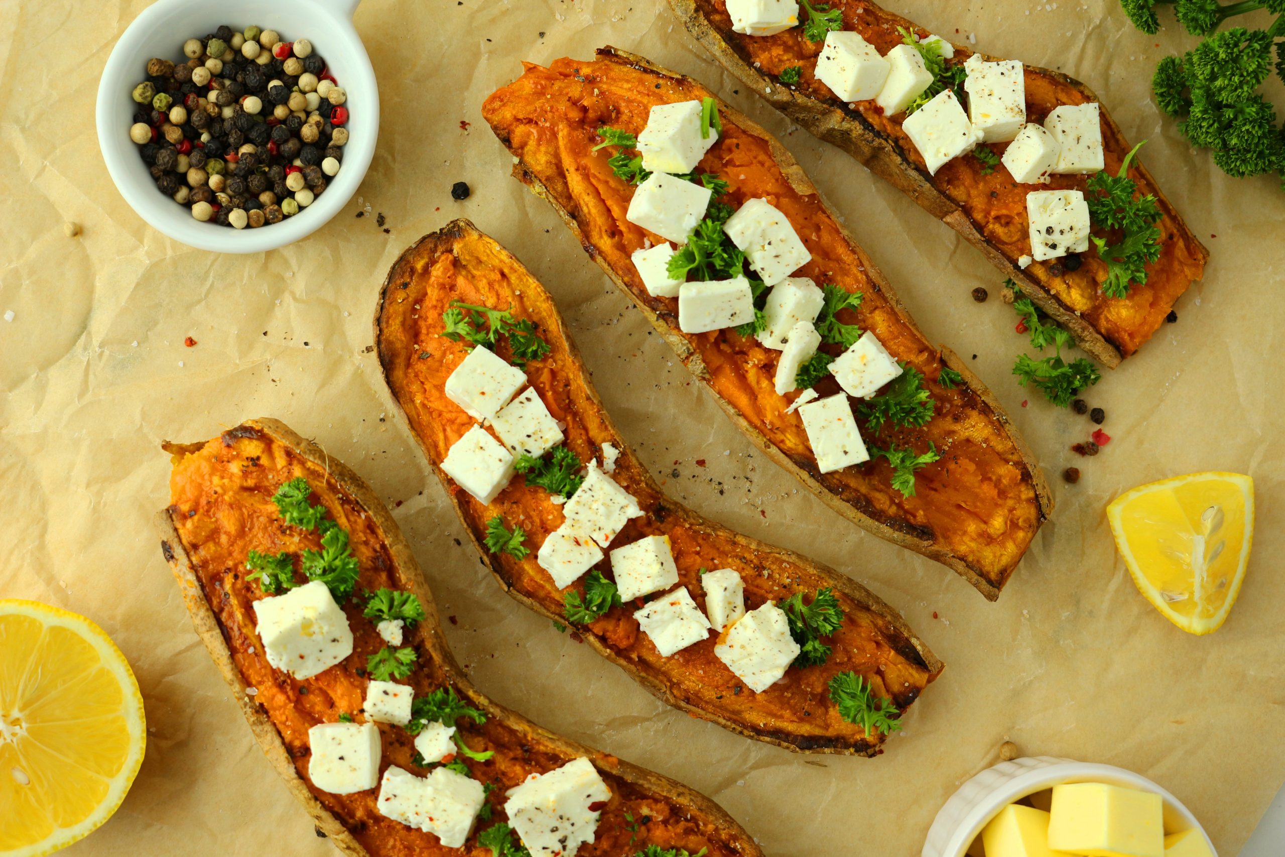 Süßkartoffelhälften mit Feta Käse belegt, auf einem braunen Backpapier